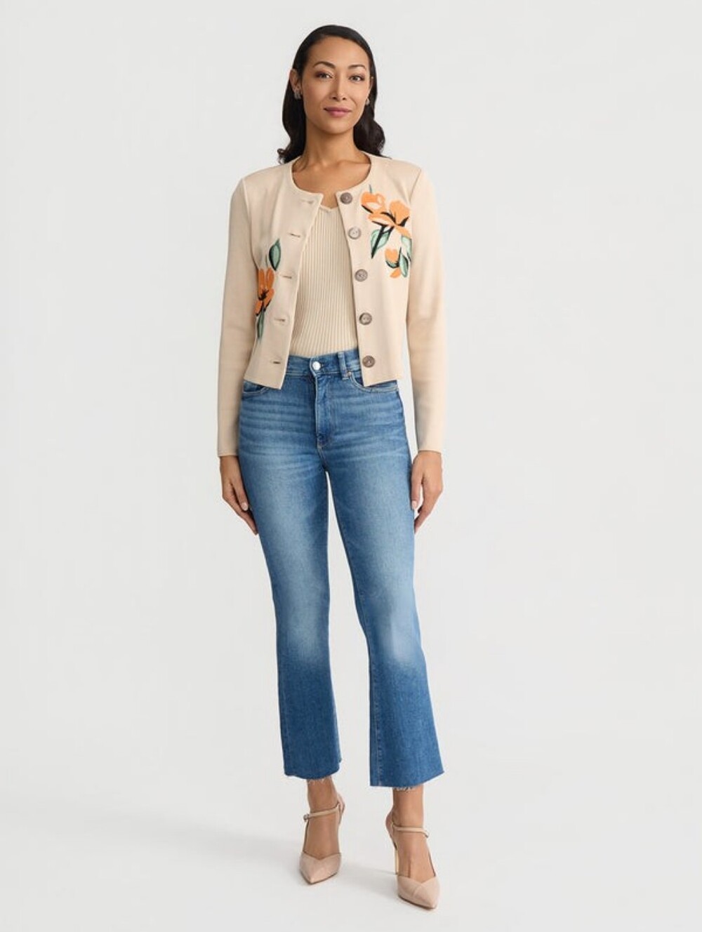 Misook Heritage Floral Embroidered Flat Knit Cardigan